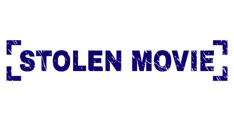 STOLEN MOVIE title seal print with corroded texture. Text title is placed between corners. Blue vector rubber print of STOLEN MOVIE with unclean texture.