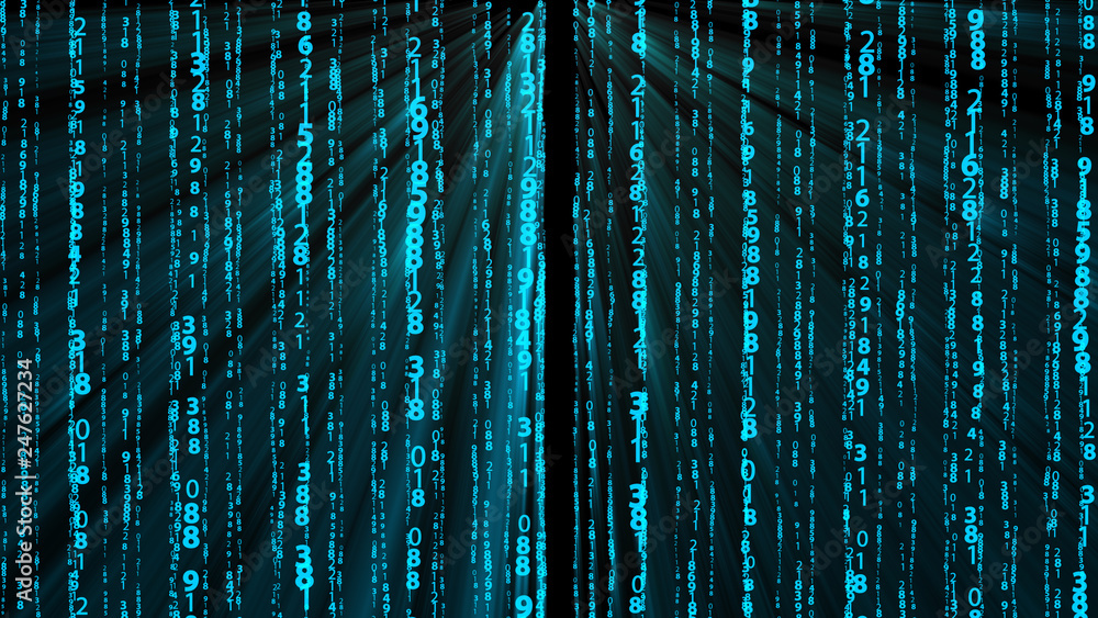 Poster many numbers, digital data and rays, abstract technology 3d rendering background, computer generated
