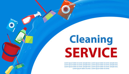 Fototapeta premium Cleaning Service blue and white background. Poster or banner with tools and cleaning products for cleanliness. Vector