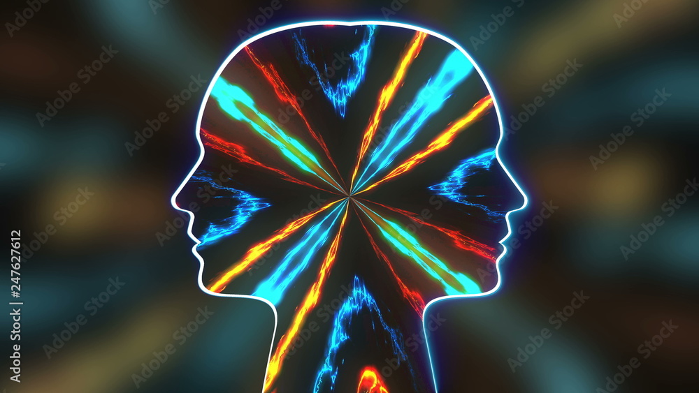 Aufkleber futuristic energy head with lines wuth flame effect, abstract 3d rendering background, bright comput