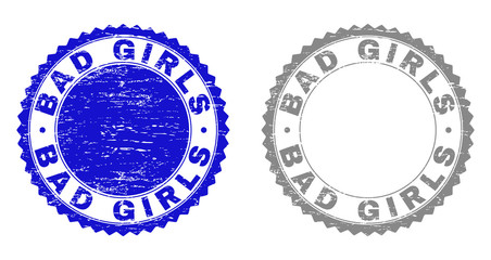 Grunge BAD GIRLS stamp seals isolated on a white background. Rosette seals with grunge texture in blue and grey colors. Vector rubber imitation of BAD GIRLS title inside round rosette.