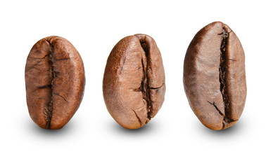 Three roasted coffee beans stand upright. Macro. White isolated background. Shade.