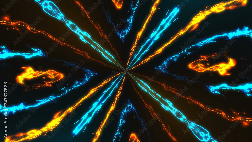 Poster kaleidoscope with energy lines with flame effect, modern abstract 3d rendering background, bright co