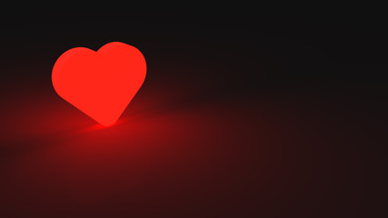 Glowing red heart placed on black desk. Symbol of love and romance. 3D render of romantic valentine celebration..