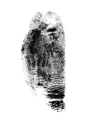 Black fingerprint on a white background. Blur.