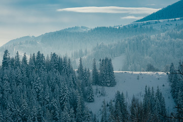 Breathtaking winter mountain landscape covered with snow, forests in the misty distant backdrop. Picturesque and peaceful wintry scene European resort location. Sunny day with clouds. Copy space