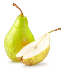 One green and a half yellow pear isolated on white