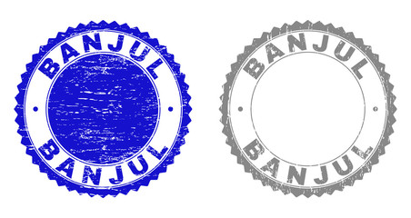 Grunge BANJUL stamp seals isolated on a white background. Rosette seals with grunge texture in blue and grey colors. Vector rubber watermark of BANJUL caption inside round rosette.