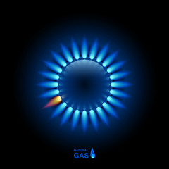 Gas flame with blue reflection on dark backdrop. Vector background. EPS 10 - 247630227