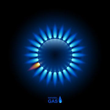 Gas flame with blue reflection on dark backdrop. Vector background. EPS 10