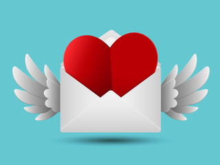 Paper cut style red valentines paper heart in white envelope with wings, Love message concept, Vector illustration