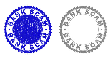 Grunge BANK SCAM stamp seals isolated on a white background. Rosette seals with grunge texture in blue and gray colors. Vector rubber overlay of BANK SCAM text inside round rosette.
