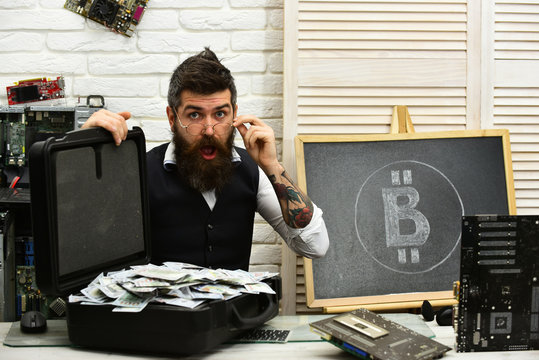 The results are fantastic. Bitcoin for business. Bearded man with cash money. Business man in server room. Bearded hipster with bitcoin symbol and dollars. From paper money to crypto currency