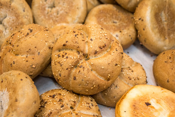 fresh bread on the shelves in bakery, food