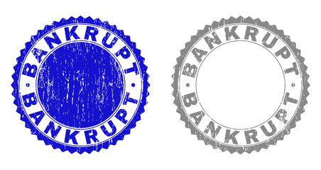 Obraz premium Grunge BANKRUPT stamp seals isolated on a white background. Rosette seals with grunge texture in blue and gray colors. Vector rubber watermark of BANKRUPT title inside round rosette.