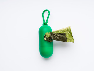 Compostable dog poop bags dispenser on white
