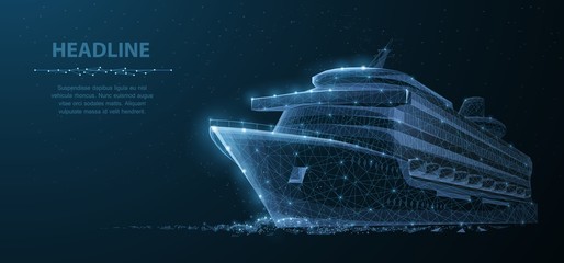 Ship. Abstract vector luxury ruise liner ship on dark blue night sky background with dots, stars. - obrazy, fototapety, plakaty
