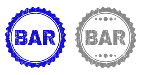 Grunge BAR stamp seals isolated on a white background. Rosette seals with grunge texture in blue and grey colors. Vector rubber watermark of BAR label inside round rosette.