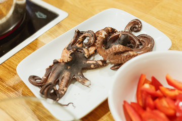 Cooks Chopping Octopus At Becerrea Octopus Fair. Cooking, Food,