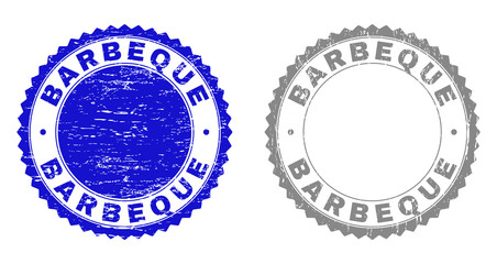 Grunge BARBEQUE stamp seals isolated on a white background. Rosette seals with grunge texture in blue and grey colors. Vector rubber watermark of BARBEQUE caption inside round rosette.