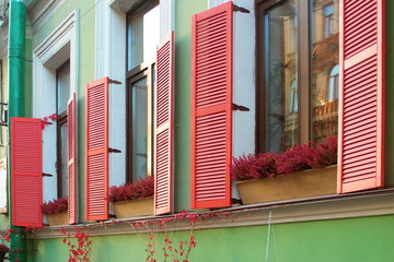Image of three windows with red shutters and flowers on the windowsills