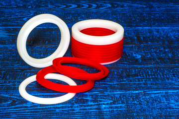 oil seal for hydraulic and pneumatic industrial systems (white and red on a blue background)