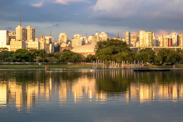 Skyline of Sao Paulo city and reflex in lake