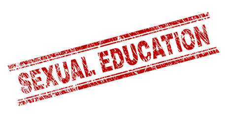 SEXUAL EDUCATION seal print with grunge style. Red vector rubber print of SEXUAL EDUCATION text with scratched texture. Text tag is placed between double parallel lines.