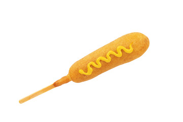 Corn dog with mustard line on top, isolated on a white background.