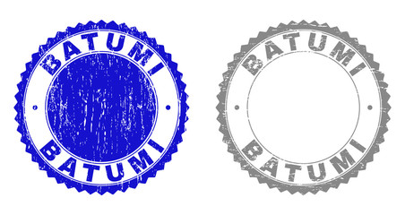 Grunge BATUMI stamp seals isolated on a white background. Rosette seals with grunge texture in blue and gray colors. Vector rubber imprint of BATUMI tag inside round rosette.