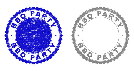 Grunge BBQ PARTY stamp seals isolated on a white background. Rosette seals with grunge texture in blue and gray colors. Vector rubber overlay of BBQ PARTY tag inside round rosette.