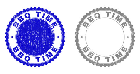 Grunge BBQ TIME stamp seals isolated on a white background. Rosette seals with grunge texture in blue and gray colors. Vector rubber imitation of BBQ TIME tag inside round rosette.