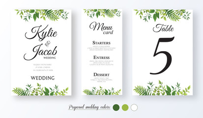 Wedding Invitation, menu card, table number, Floral design with green watercolor fern leaves, foliage greenery decorative frame print. Vector elegant cute rustic greeting, invite, postcard 