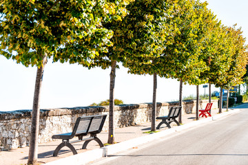 Lake Trasimeno in Castiglione del Lago, Umbria, Italy landscape view of trees lining street road during sunny summer day with benches in park and nobody