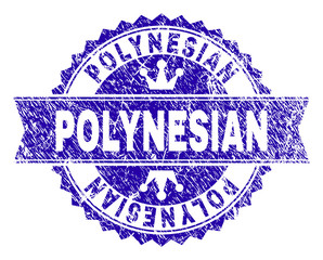 POLYNESIAN rosette stamp seal watermark with grunge style. Designed with round rosette, ribbon and small crowns. Blue vector rubber watermark of POLYNESIAN label with grunge texture.