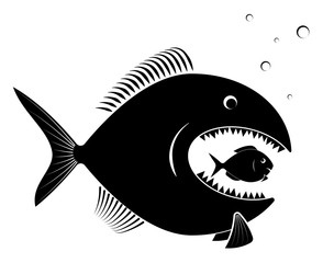 The big predatory fish eats the small defenseless. For an article on business takeover or competition. Black on white.