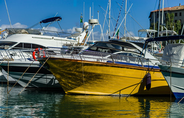Harbor of big yachts in mediterranean sea, Tuscany
