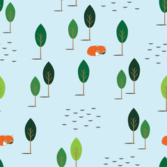 Laying red fox in the forest semless pattern.Textile texture. Vector illustration.