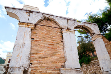 Ancient remains of the Roman Agora, marketplace built in Roman period in plaka district of Athens,...