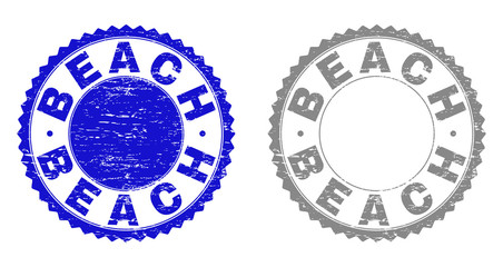 Grunge BEACH stamp seals isolated on a white background. Rosette seals with grunge texture in blue and gray colors. Vector rubber imitation of BEACH tag inside round rosette.