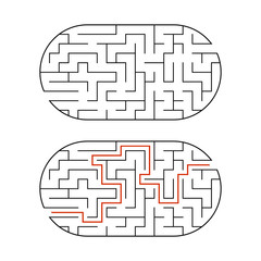 Black oval labyrinth. Game for kids. Puzzle for children. Maze conundrum. Flat vector illustration isolated on white background. With the answer.