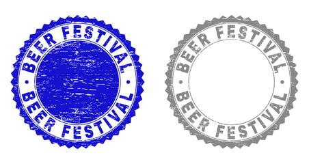 Grunge BEER FESTIVAL stamp seals isolated on a white background. Rosette seals with grunge texture in blue and gray colors. Vector rubber watermark of BEER FESTIVAL label inside round rosette.