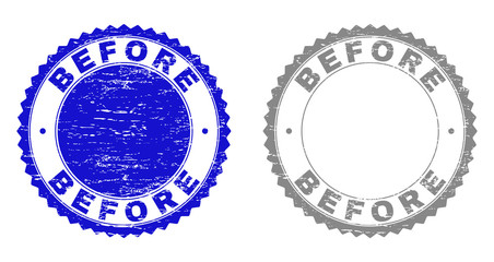 Grunge BEFORE stamp seals isolated on a white background. Rosette seals with grunge texture in blue and grey colors. Vector rubber imitation of BEFORE text inside round rosette.