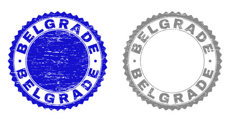 Grunge BELGRADE stamp seals isolated on a white background. Rosette seals with grunge texture in blue and grey colors. Vector rubber imitation of BELGRADE title inside round rosette.