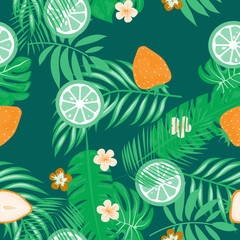 Fruit and citrus seamless pattern with strawberries and oranges on a green background. Tropical background with fruits and leaves.