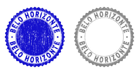 Grunge BELO HORIZONTE stamp seals isolated on a white background. Rosette seals with grunge texture in blue and gray colors. Vector rubber imprint of BELO HORIZONTE tag inside round rosette.