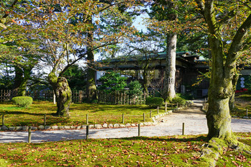 View of the Kenroku-en gardens near Kanazawa Castle (Kanazawa-jo),  a landmark  located in Kanazawa, Ishikawa, Japan 
