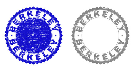 Grunge BERKELEY stamp seals isolated on a white background. Rosette seals with distress texture in blue and grey colors. Vector rubber watermark of BERKELEY tag inside round rosette.