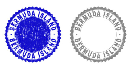 Grunge BERMUDA ISLAND stamp seals isolated on a white background. Rosette seals with grunge texture in blue and grey colors. Vector rubber watermark of BERMUDA ISLAND caption inside round rosette.