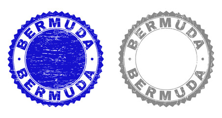 Grunge BERMUDA stamp seals isolated on a white background. Rosette seals with grunge texture in blue and gray colors. Vector rubber imitation of BERMUDA label inside round rosette.